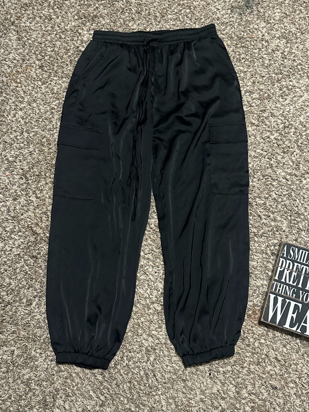 Black Satin cargo joggers size XL New With Tags - 32” waist